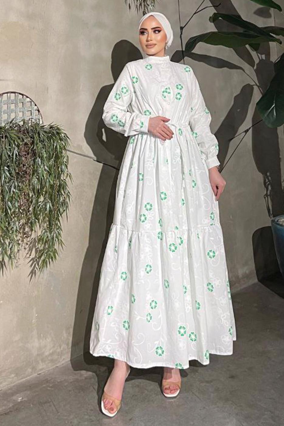 Tesettür giyim KREM ÇİÇEK BASKILI BELİ BÜZGÜLÜ ELBİSE 5137