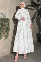 Tesettür giyim KREM ÇİÇEK BASKILI BELİ BÜZGÜLÜ ELBİSE 5137