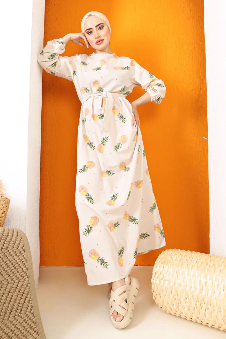 Tesettür giyim SARI ANANAS DESENLİ KETEN ELBİSE 5152 