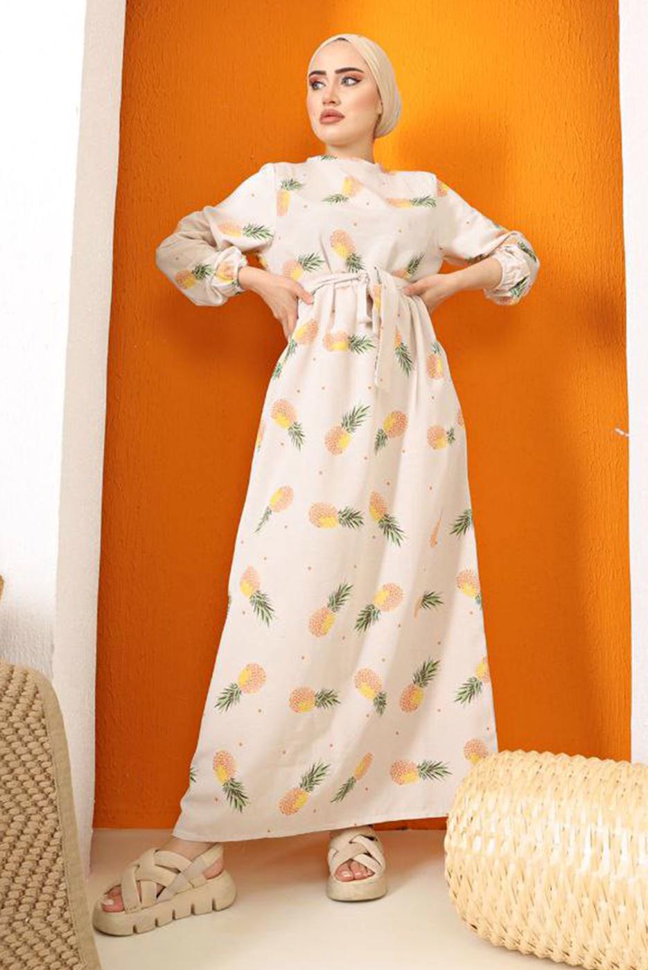 Tesettür giyim SARI ANANAS DESENLİ KETEN ELBİSE 5152 