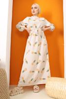 Tesettür giyim SARI ANANAS DESENLİ KETEN ELBİSE 5152 