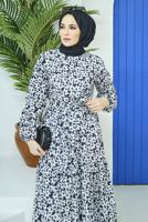 Tesettür giyim SİYAH KUŞAKLI ÇİÇEK DESENLİ ELBİSE 52001 