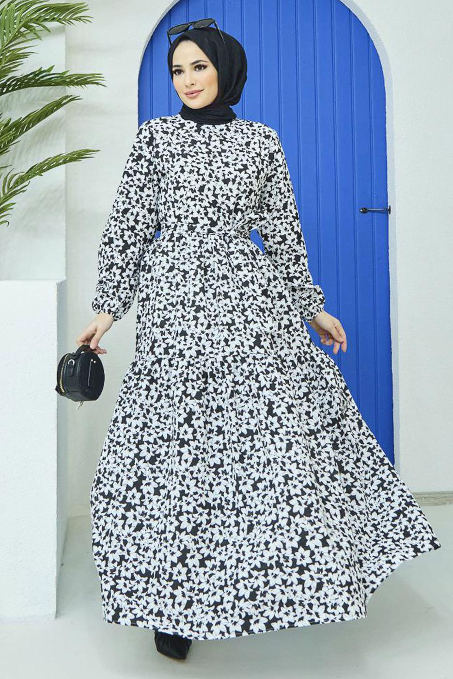 Tesettür giyim SİYAH KUŞAKLI ÇİÇEK DESENLİ ELBİSE 52001 