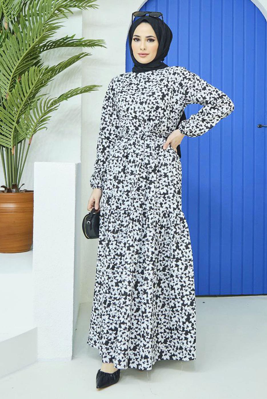 Tesettür giyim SİYAH KUŞAKLI ÇİÇEK DESENLİ ELBİSE 52001 