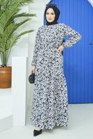 Tesettür giyim SİYAH KUŞAKLI ÇİÇEK DESENLİ ELBİSE 52001 