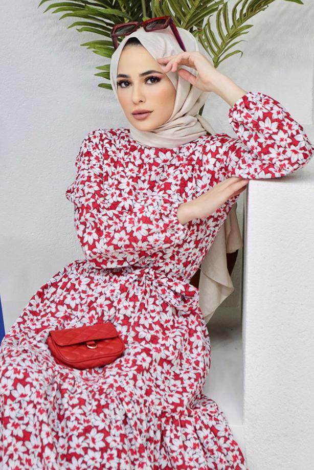 Hijab clothing  BELTED FLORAL PATTERN DRESS 52001  - TRENDTESETTÜR
