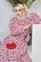 Hijab clothing RED BELTED FLORAL PATTERN DRESS 52001 