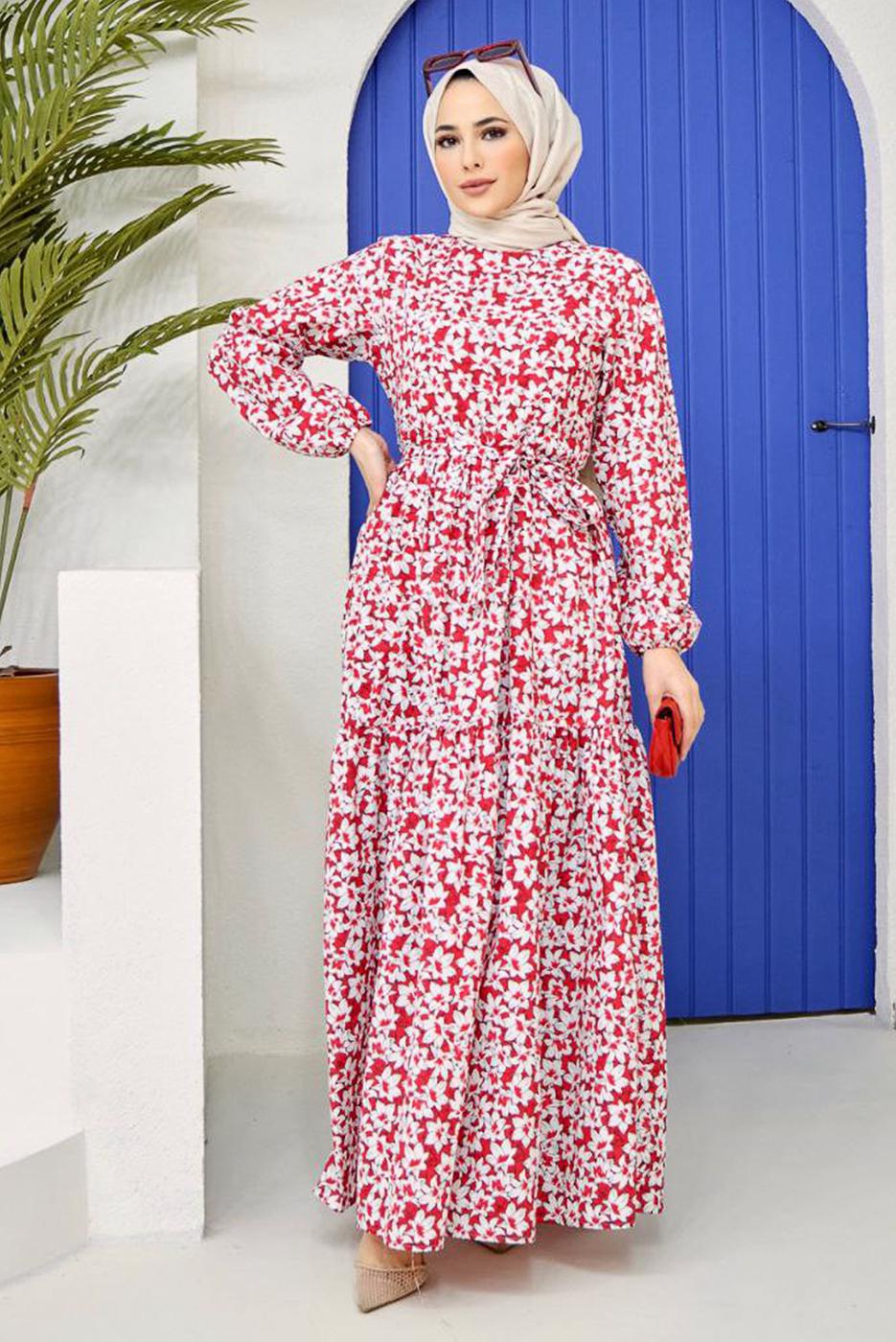 Hijab clothing RED BELTED FLORAL PATTERN DRESS 52001 