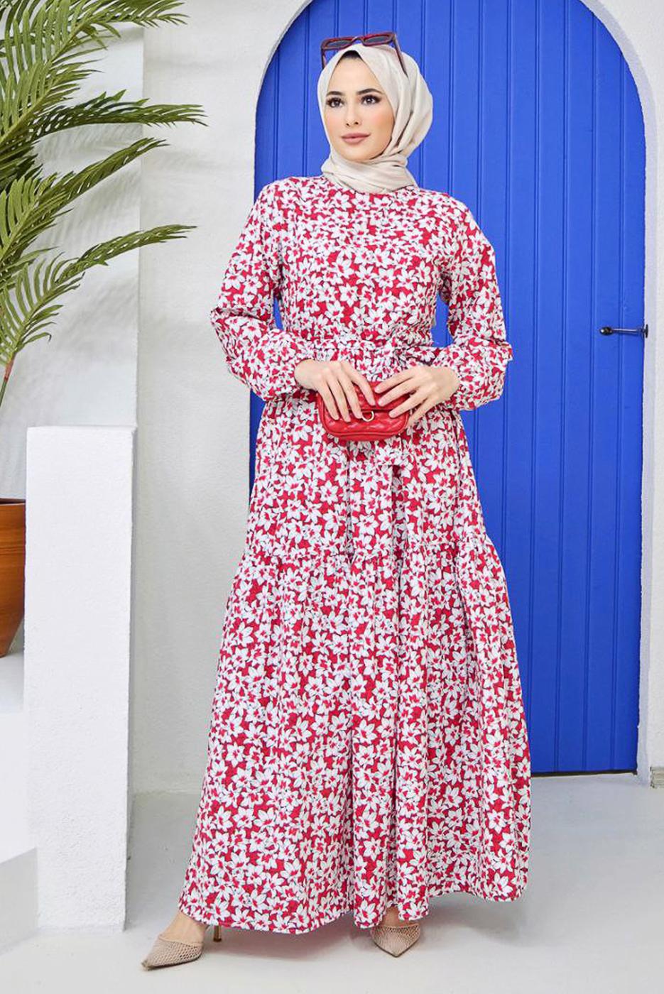 Hijab clothing RED BELTED FLORAL PATTERN DRESS 52001 