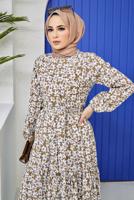 Tesettür giyim KAHVE KUŞAKLI ÇİÇEK DESENLİ ELBİSE 52001 