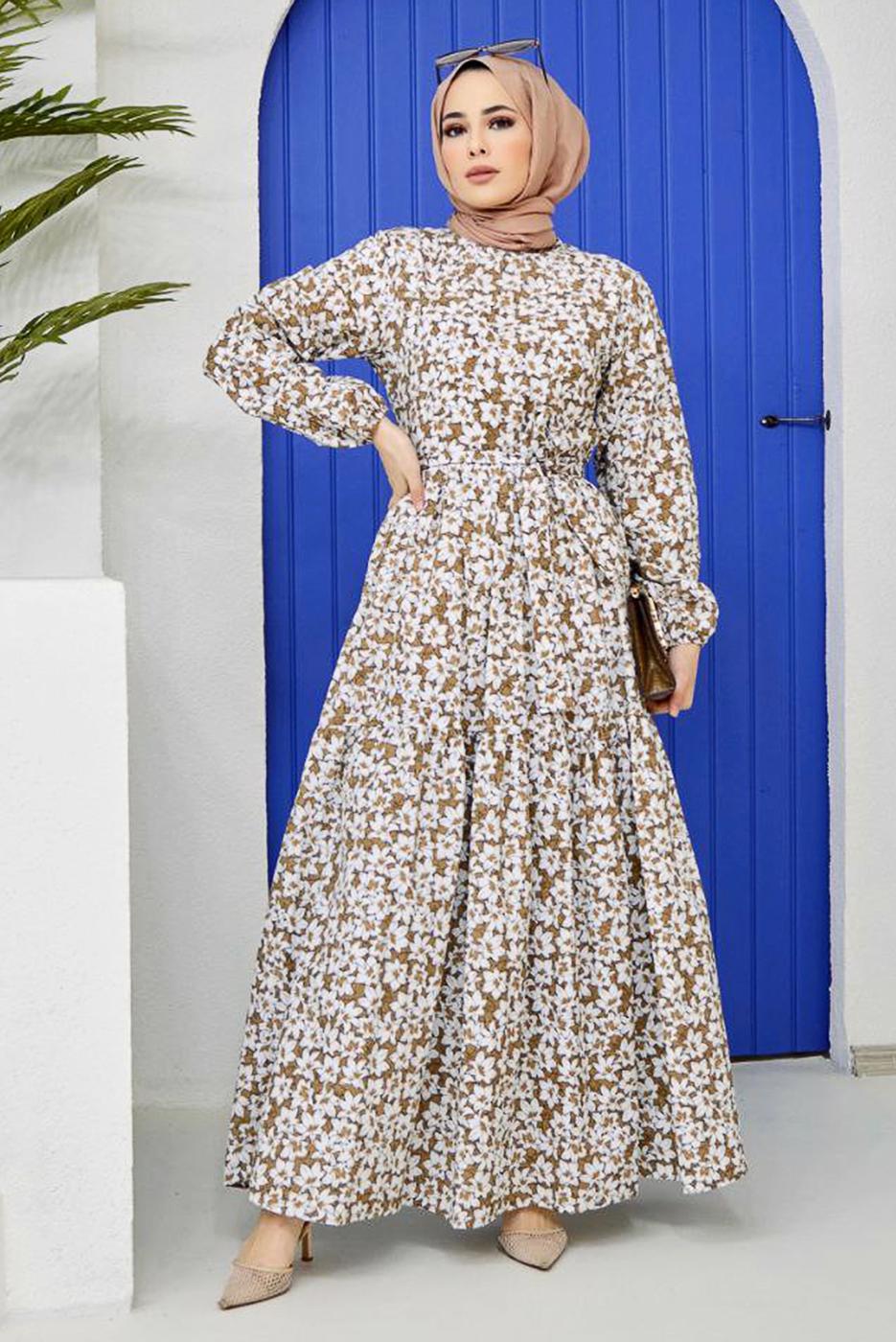 Tesettür giyim KAHVE KUŞAKLI ÇİÇEK DESENLİ ELBİSE 52001 
