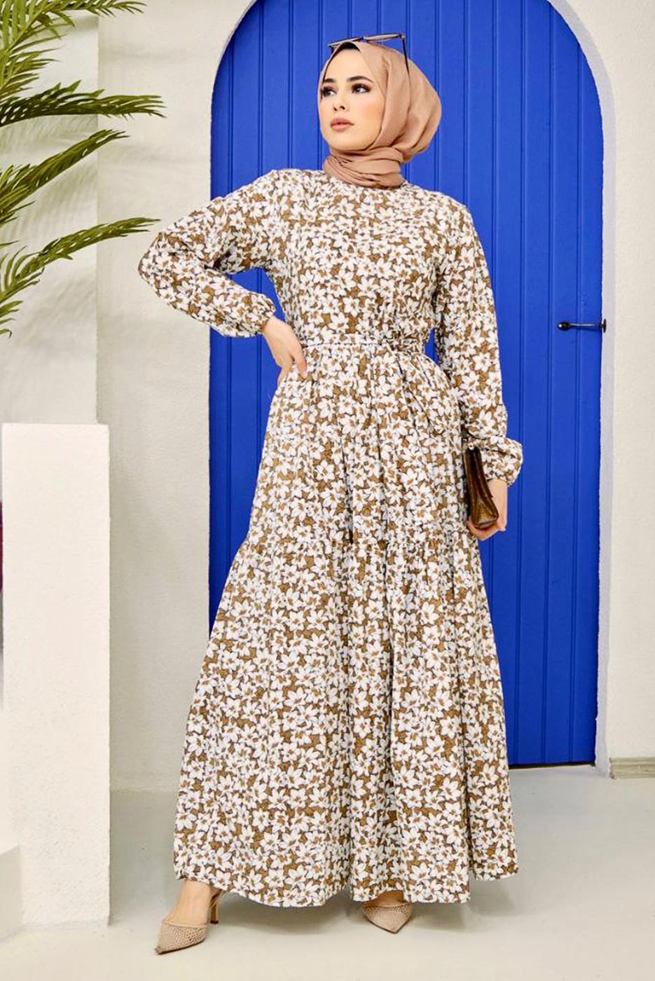 Tesettür giyim KAHVE KUŞAKLI ÇİÇEK DESENLİ ELBİSE 52001 