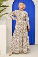 Tesettür giyim KAHVE KUŞAKLI ÇİÇEK DESENLİ ELBİSE 52001 
