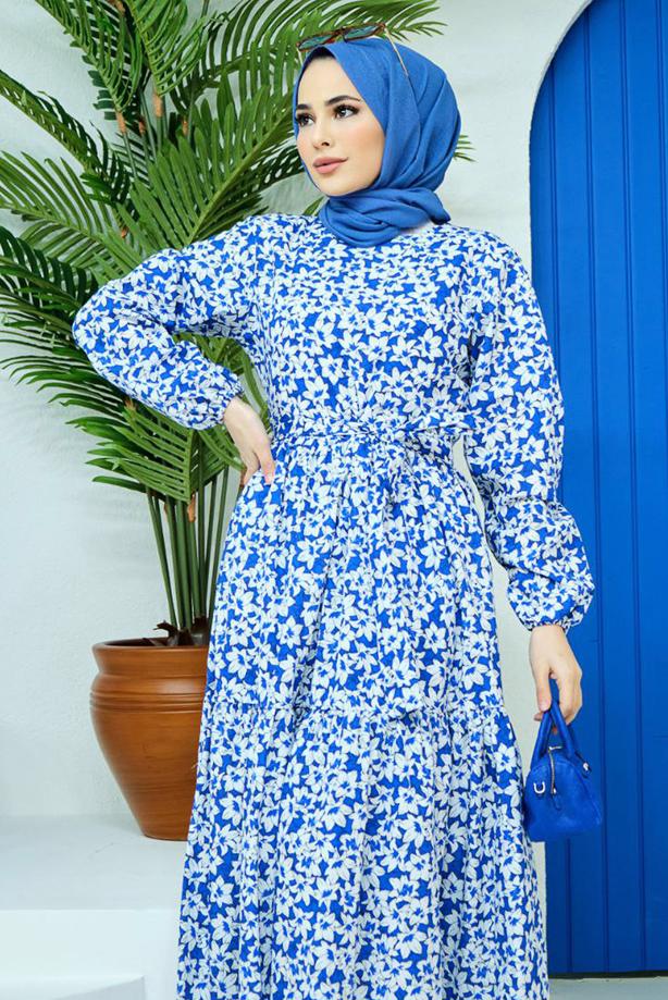Tesettür giyim KUŞAKLI ÇİÇEK DESENLİ ELBİSE 52001 - TRENDTESETTÜR