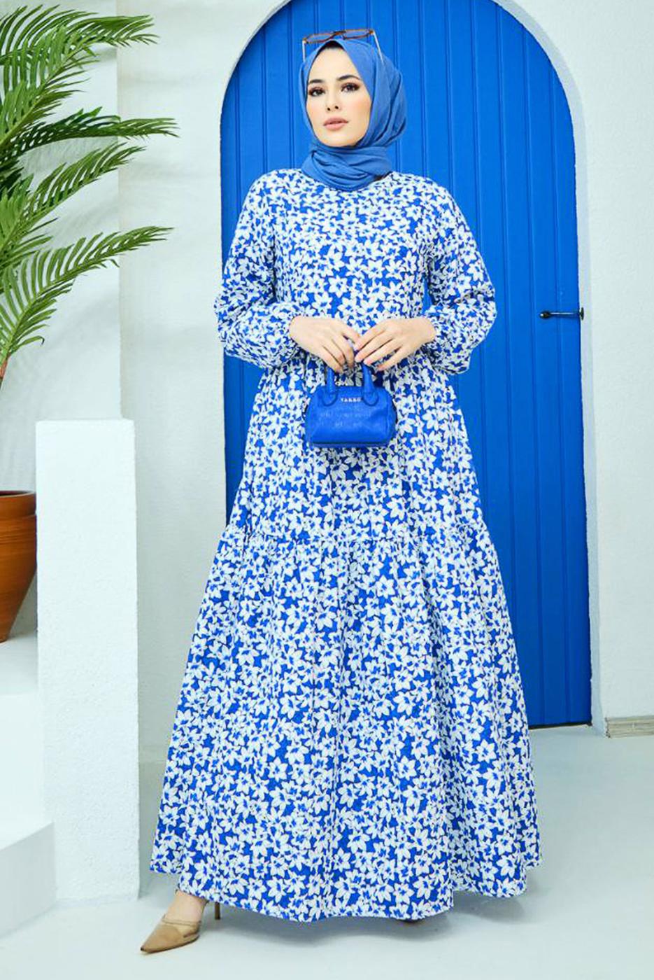 Tesettür giyim LACİVERT KUŞAKLI ÇİÇEK DESENLİ ELBİSE 52001 