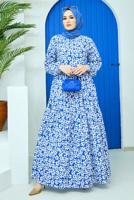 Tesettür giyim LACİVERT KUŞAKLI ÇİÇEK DESENLİ ELBİSE 52001 