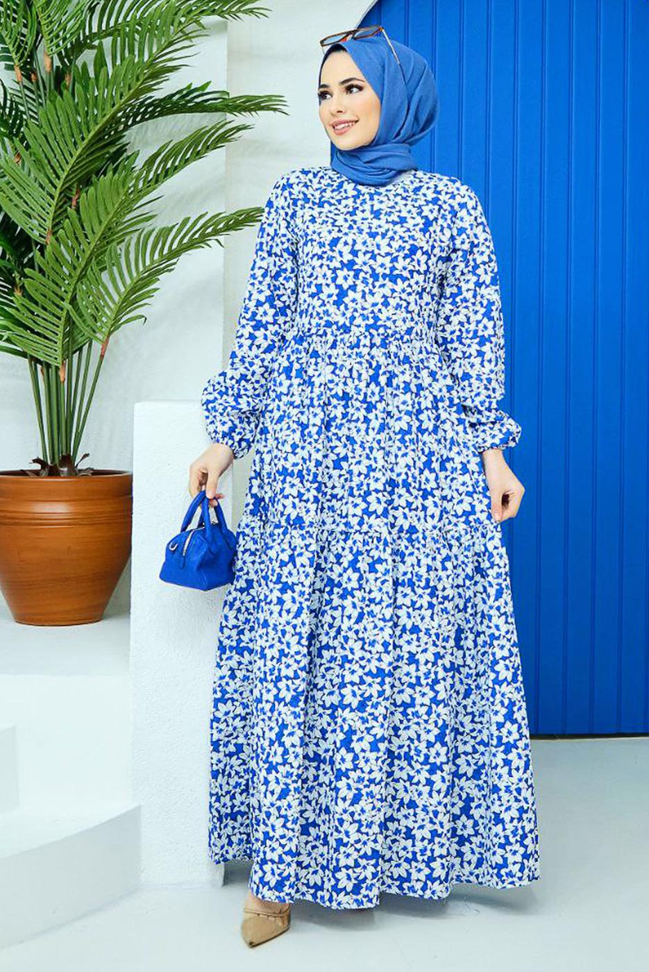 Tesettür giyim LACİVERT KUŞAKLI ÇİÇEK DESENLİ ELBİSE 52001 