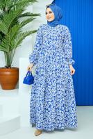 Tesettür giyim LACİVERT KUŞAKLI ÇİÇEK DESENLİ ELBİSE 52001 