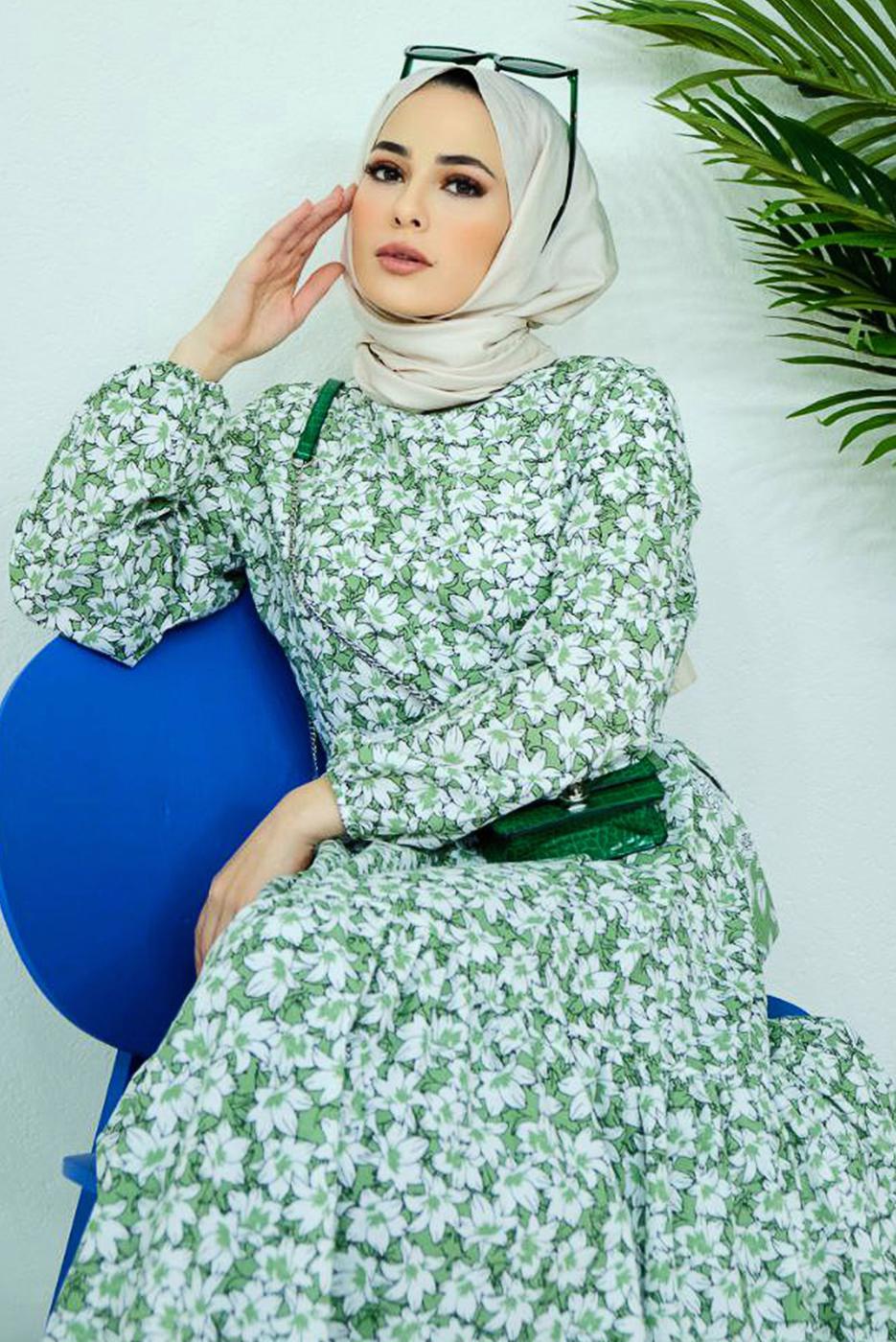 Tesettür giyim YEŞİL KUŞAKLI ÇİÇEK DESENLİ ELBİSE 52001 