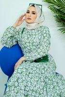 Tesettür giyim YEŞİL KUŞAKLI ÇİÇEK DESENLİ ELBİSE 52001 