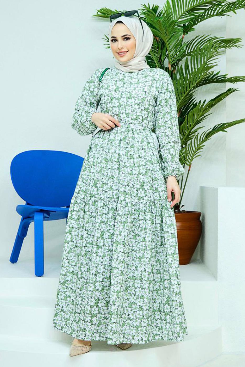 Tesettür giyim YEŞİL KUŞAKLI ÇİÇEK DESENLİ ELBİSE 52001 