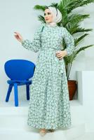 Tesettür giyim YEŞİL KUŞAKLI ÇİÇEK DESENLİ ELBİSE 52001 
