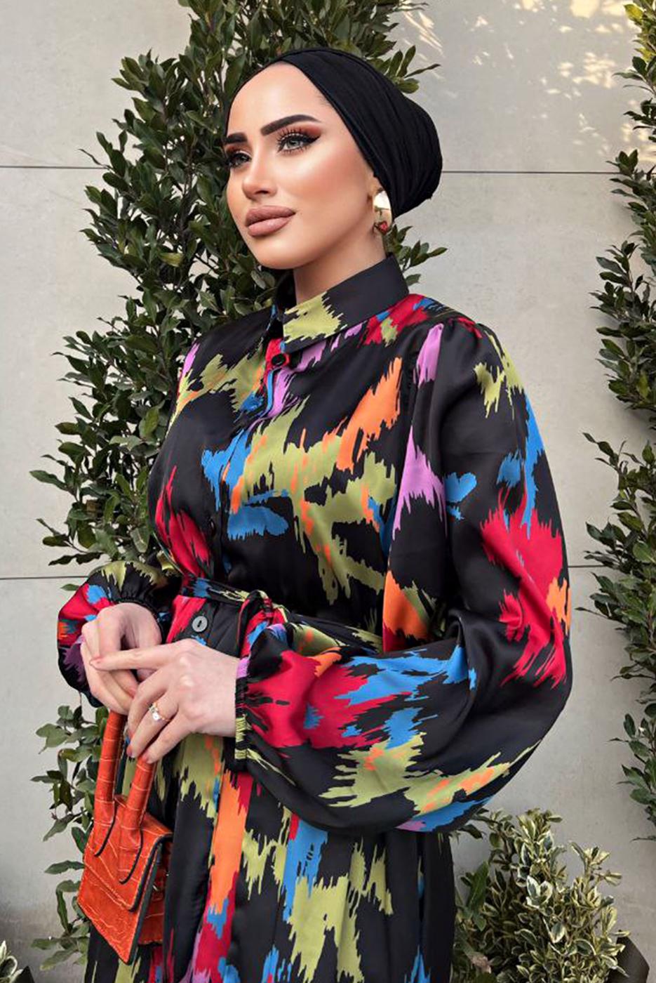 Tesettür giyim SİYAH BALON KOL DESENLİ KUŞAKLI ELBİSE 5237	