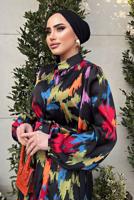 Tesettür giyim SİYAH BALON KOL DESENLİ KUŞAKLI ELBİSE 5237	