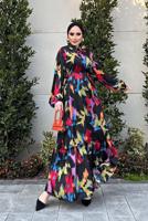 Tesettür giyim SİYAH BALON KOL DESENLİ KUŞAKLI ELBİSE 5237	