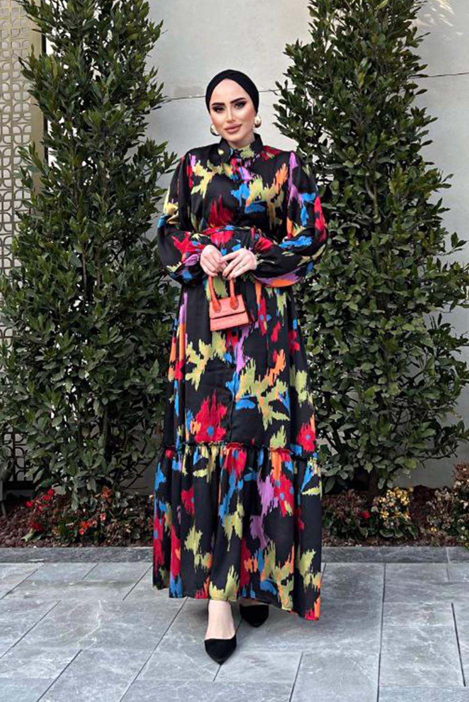Tesettür giyim SİYAH BALON KOL DESENLİ KUŞAKLI ELBİSE 5237	