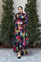 Tesettür giyim SİYAH BALON KOL DESENLİ KUŞAKLI ELBİSE 5237	