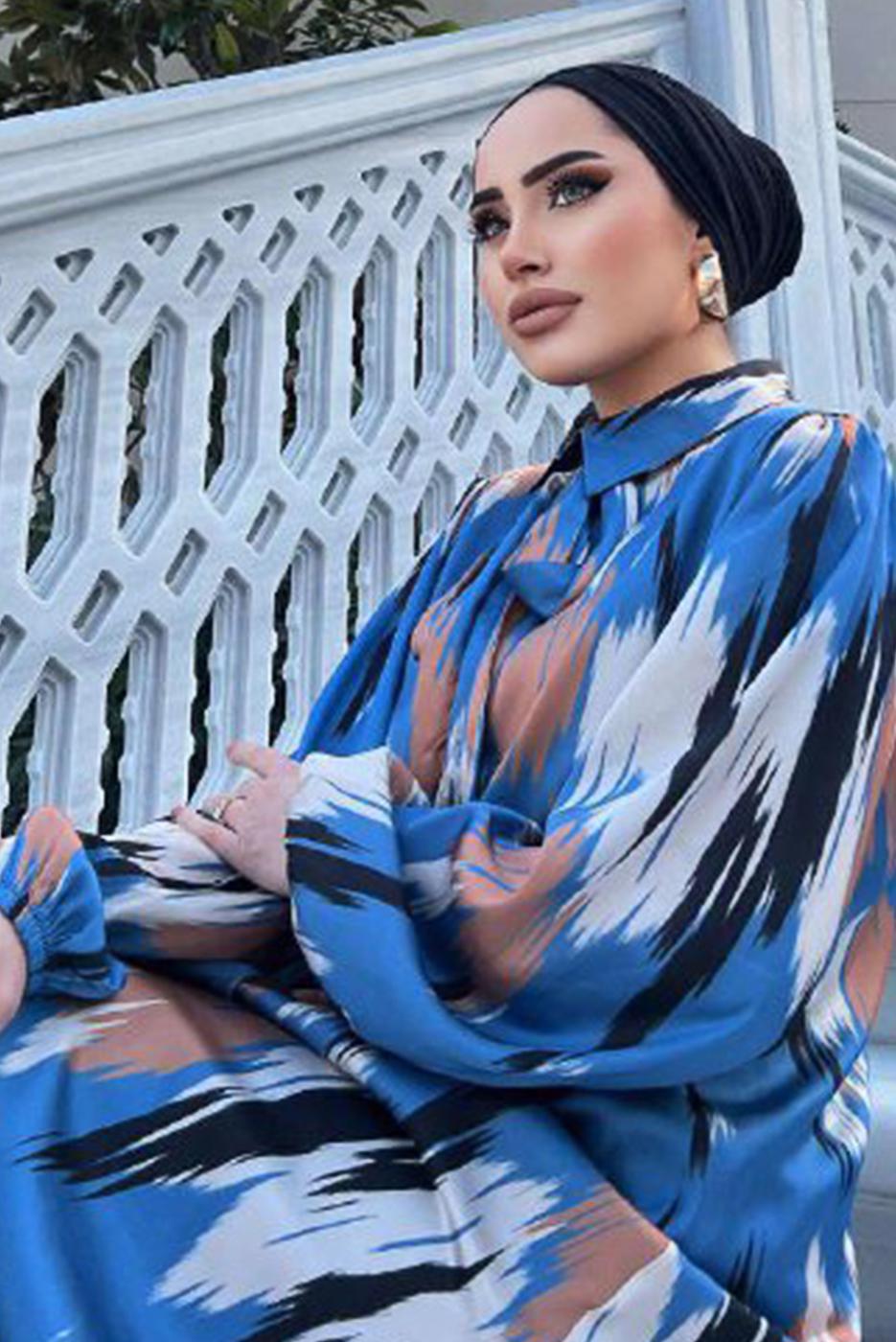 Tesettür giyim MAVİ BALON KOL DESENLİ KUŞAKLI ELBİSE 5237	