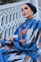 Tesettür giyim MAVİ BALON KOL DESENLİ KUŞAKLI ELBİSE 5237	