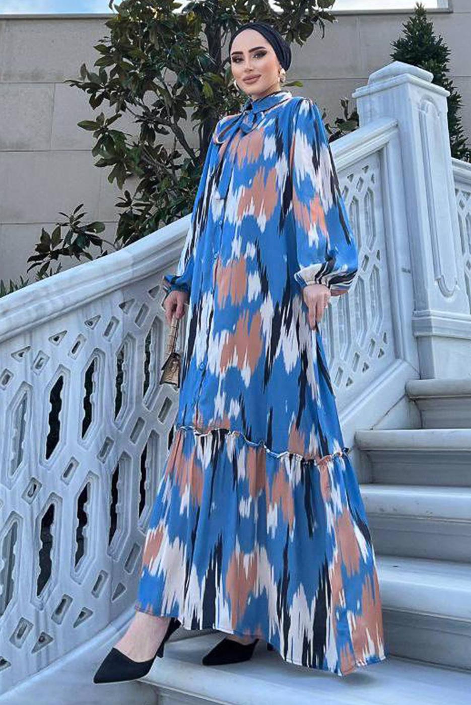 Tesettür giyim MAVİ BALON KOL DESENLİ KUŞAKLI ELBİSE 5237	