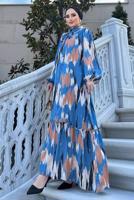 Tesettür giyim MAVİ BALON KOL DESENLİ KUŞAKLI ELBİSE 5237	