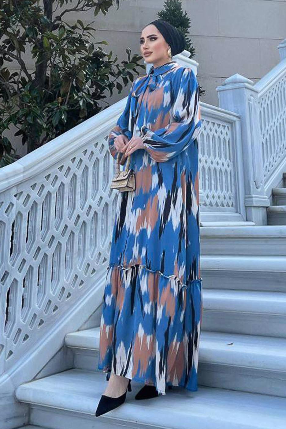 Tesettür giyim MAVİ BALON KOL DESENLİ KUŞAKLI ELBİSE 5237	