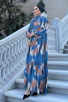 Tesettür giyim MAVİ BALON KOL DESENLİ KUŞAKLI ELBİSE 5237	