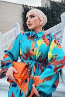 Tesettür giyim YEŞİL BALON KOL DESENLİ KUŞAKLI ELBİSE 5237	