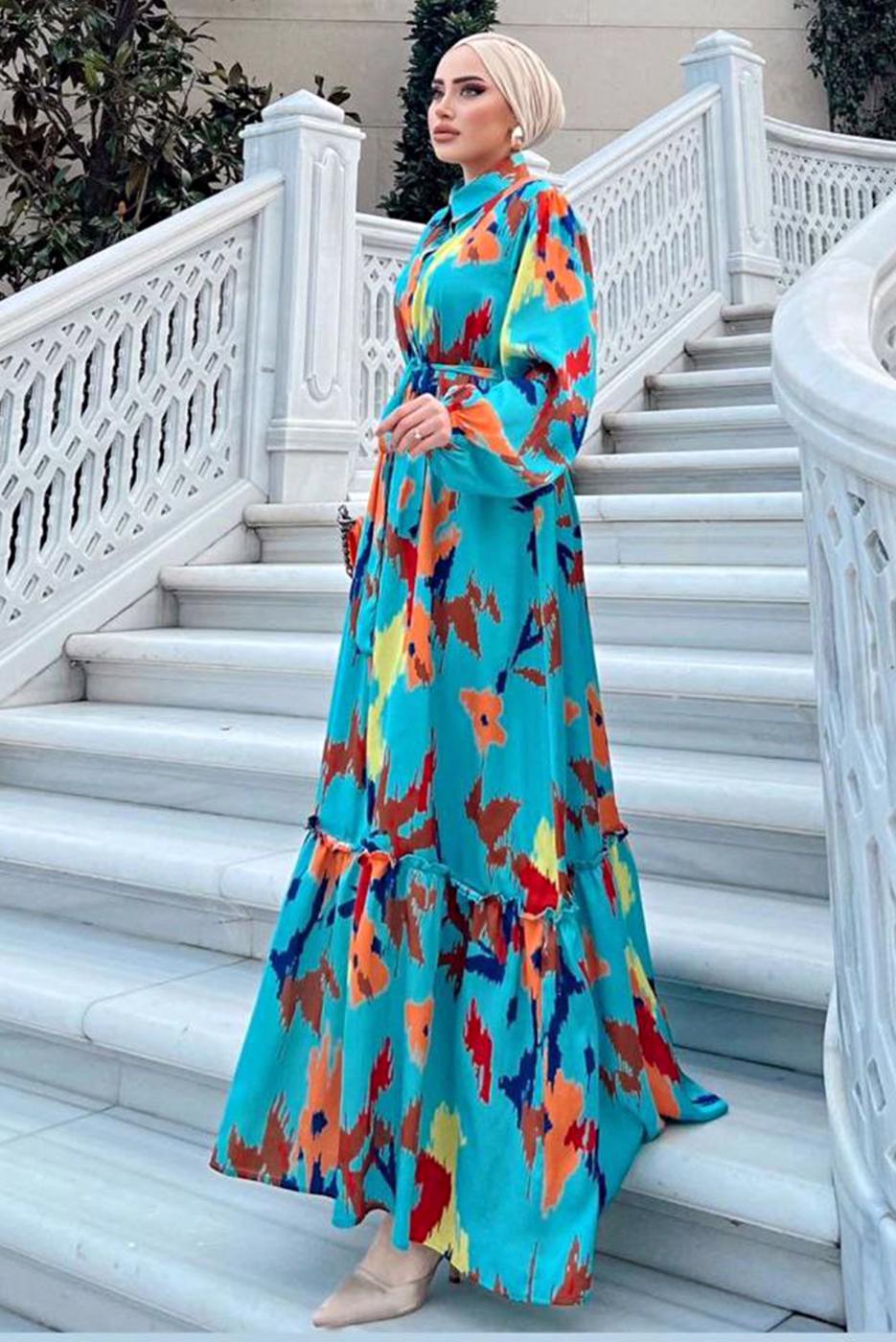 Tesettür giyim YEŞİL BALON KOL DESENLİ KUŞAKLI ELBİSE 5237	