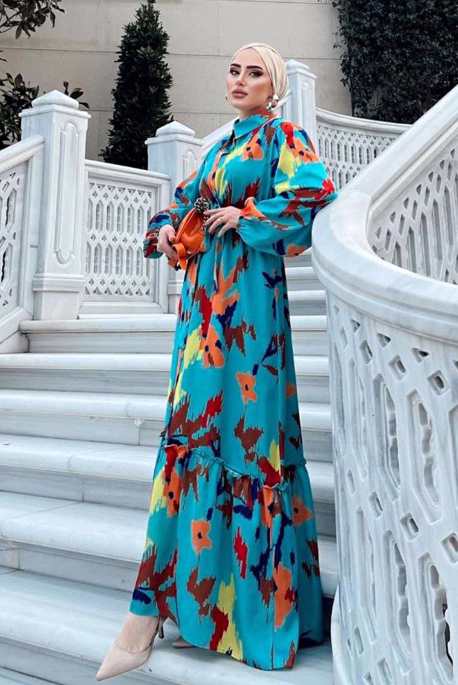 Tesettür giyim YEŞİL BALON KOL DESENLİ KUŞAKLI ELBİSE 5237	