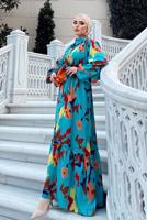 Tesettür giyim YEŞİL BALON KOL DESENLİ KUŞAKLI ELBİSE 5237	