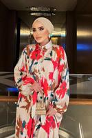 Tesettür giyim BEJ BALON KOL DESENLİ KUŞAKLI ELBİSE 5237	