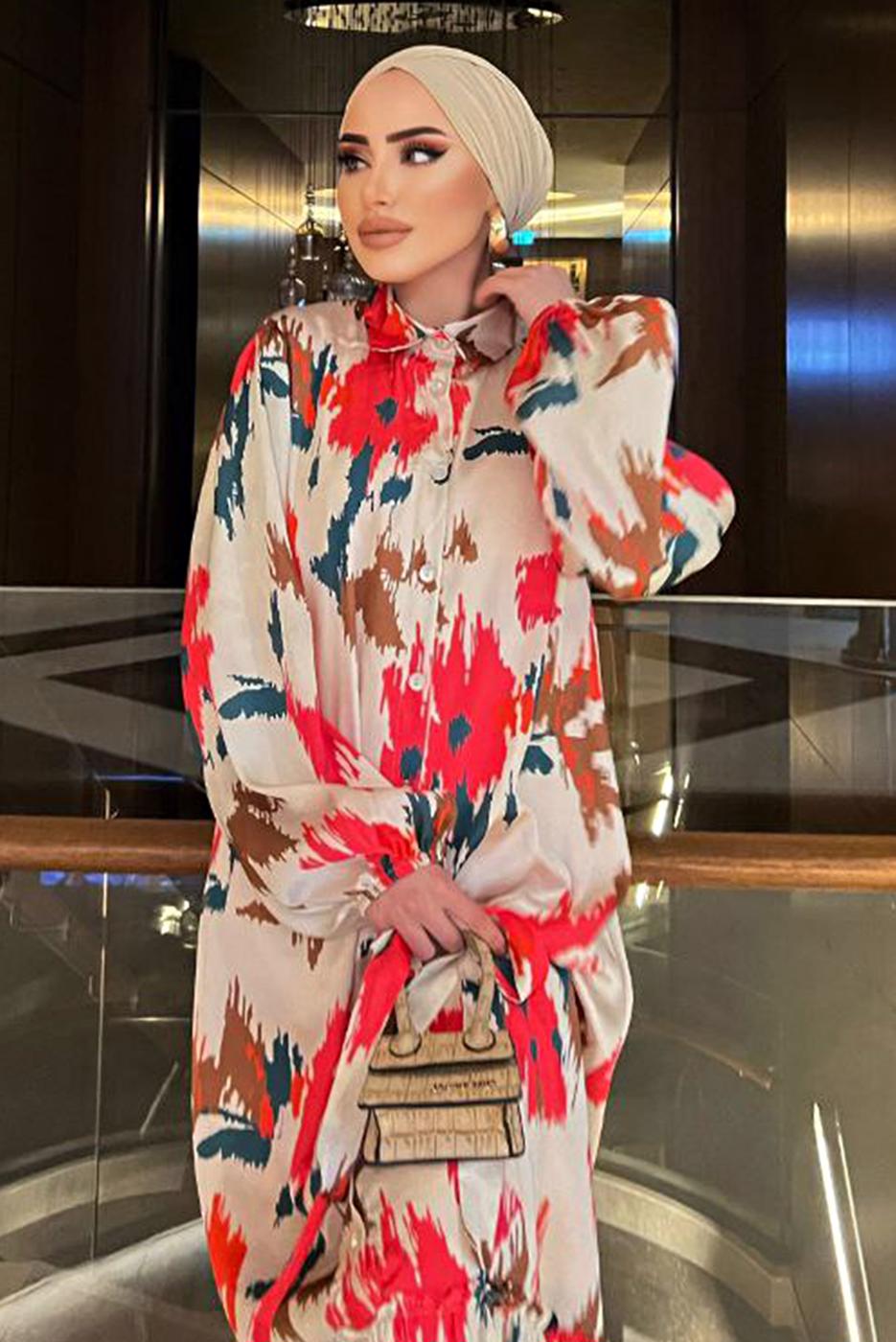 Tesettür giyim BEJ BALON KOL DESENLİ KUŞAKLI ELBİSE 5237	