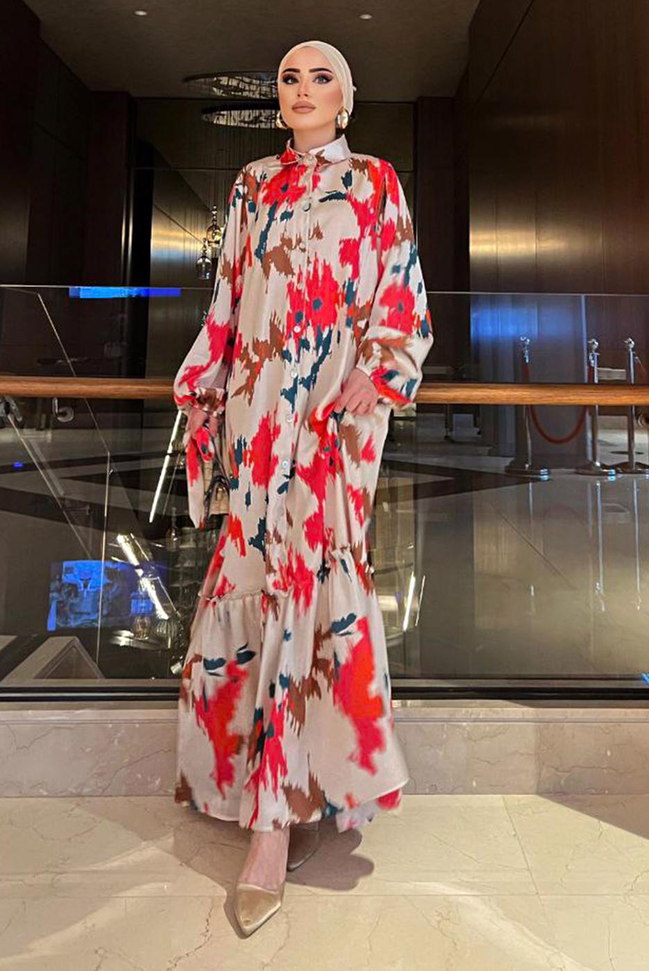 Tesettür giyim BEJ BALON KOL DESENLİ KUŞAKLI ELBİSE 5237	