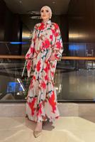 Tesettür giyim BEJ BALON KOL DESENLİ KUŞAKLI ELBİSE 5237	