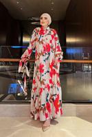 Tesettür giyim BEJ BALON KOL DESENLİ KUŞAKLI ELBİSE 5237	