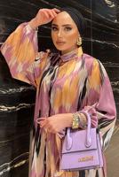 Tesettür giyim MOR BALON KOL DESENLİ KUŞAKLI ELBİSE 5237	