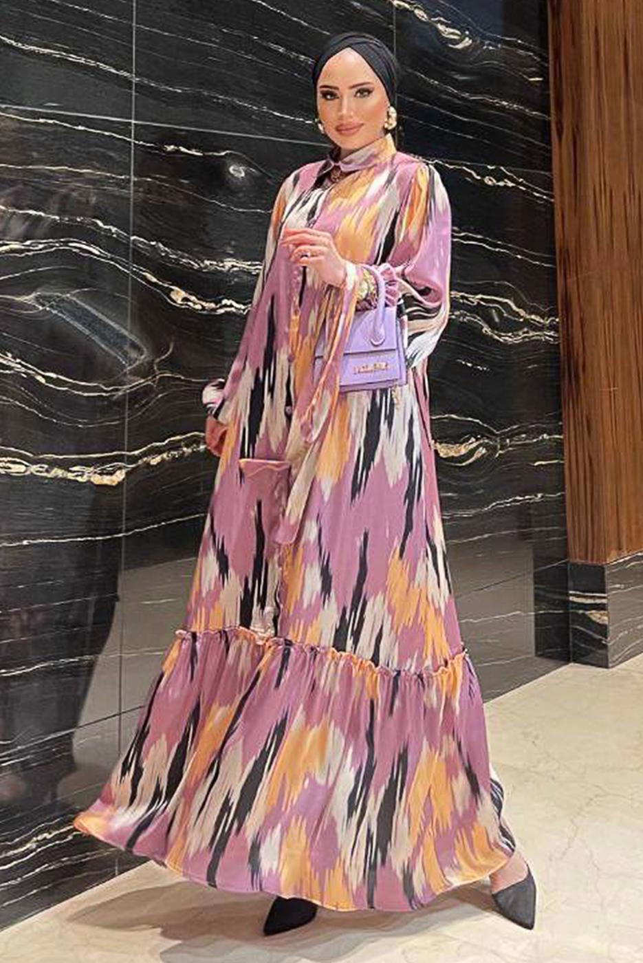 Tesettür giyim MOR BALON KOL DESENLİ KUŞAKLI ELBİSE 5237	