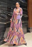 Tesettür giyim MOR BALON KOL DESENLİ KUŞAKLI ELBİSE 5237	