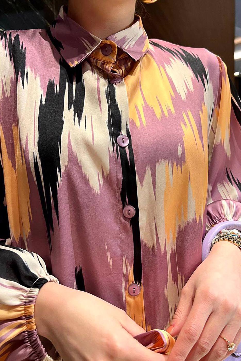 Tesettür giyim MOR BALON KOL DESENLİ KUŞAKLI ELBİSE 5237	